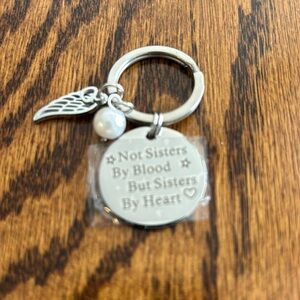 Keychain w/ charms Not Sisters By Blood But Sisters By Heart, angel wing, pearl